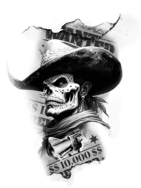 Cowboy Skull Tattoo Design, Cowboy Tattoo Design, Skull Cowboy Tattoo, Cowboy Tattoos For Men, Cowboy Skull Tattoo, Cowboys Tattoo, Dark Cowboy, Outlaw Tattoo, Cowboy Tattoo