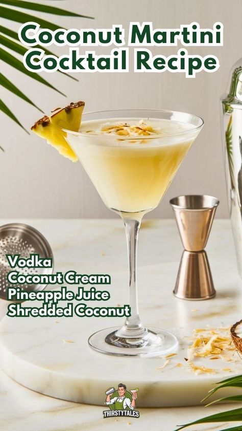 Creating a Coconut Martini Cocktail combines rich coconut flavors with smooth vodka. It's perfect for a tropical night or a fancy dinner party. Ready to get started? Let's dive into what you'll need and how to make it. Pineapple Juice Drinks, Coconut Vodka Drinks, Coconut Rum Cocktails, Pineapple Martini, Coconut Wine, Alcohol Treats, Coconut Martini, Rum Cocktails Easy, Drinks With Pineapple Juice