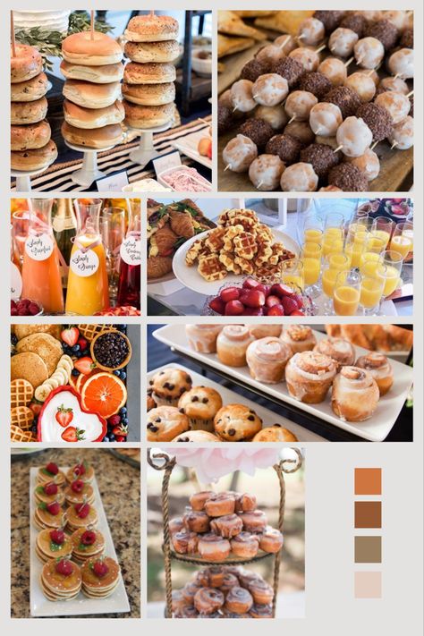 Conference Breakfast Ideas, Bridal Brunch Wedding Day, Bridal Party Set Up, Brunch Sprinkle Ideas, Wedding Party Food Getting Ready, Getting Ready Wedding Food, Food For Brunch Parties, Day Of Wedding Breakfast Ideas, Breakfast At Midnight Party