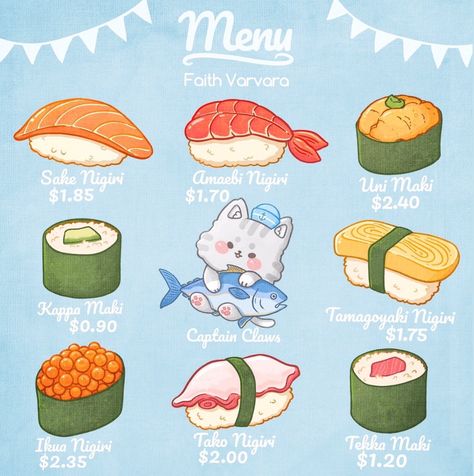 Faith Varvara, Seni Resin, Menu Illustration, Sushi Menu, Types Of Sushi, 귀여운 음식 그림, Arte Do Kawaii, Food Artwork, Food Sketch