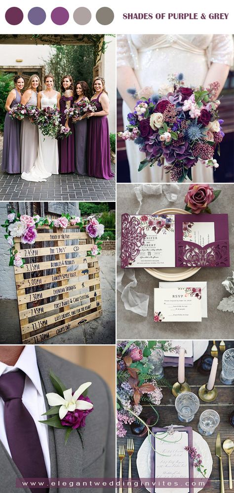 jewel tone shades of purple and grey fall wedding color palette Purple And Grey Wedding, Purple Hydrangea Wedding, Wedding Color Schemes Purple, Purple Wedding Decorations, Wedding Color Palettes, Fall Purple, Fall Wedding Color Palette, Purple Wedding Theme, Wedding Colors Purple