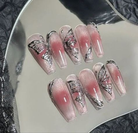 Chrome Butterfly Nails, Ombre Butterfly, Nail Box, Y2k Nails, Butterfly Nail, Nails Inspo, Pink Ombre, Nice To Meet, Pink Nails