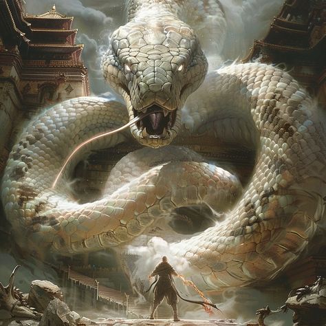 Meeting the Snake Lord #aiart #aiartworks #aiartdaily #generativeart #aiartcommunity #digitalart #generatedart #digitalpainting #artwork #digitalartist #characterdesign #fantasyart #fantasyartwork #fantasy #elemental #snake #legends Snake Creature, Huge Snake, Age Of Empires, Concept Illustration, Art Fantasy, Fantasy Creatures Art, Concept Art Drawing, Creature Concept Art, Fantasy Aesthetic