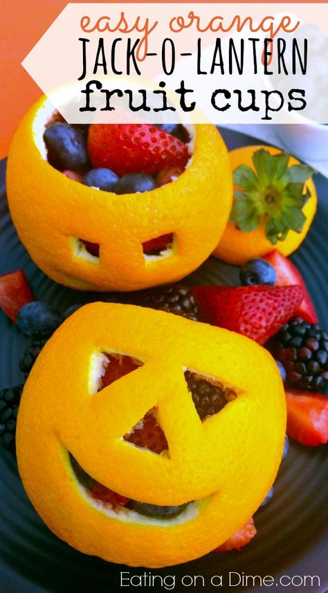 Easy Orange Jack o Lantern Fruit Cups DIY tutorial and recipe!  Ok, I have the cutest Halloween treat for your kids! They are going to love it. It would be super fun for an after school snack or a fun Sunday afternoon treat. I love it because it is healthier too than your traditional treat. You just have to make your kids these cute Orange Jack-O-Lanterns filled with Fruit Muffins Halloween, Menu Halloween, Healthy Halloween Food, Halloween Snacks For Kids, Kids Halloween Food, Halloween Breakfast, Healthy Halloween Treats, Pumpkin Cups, Healthy Halloween Snacks