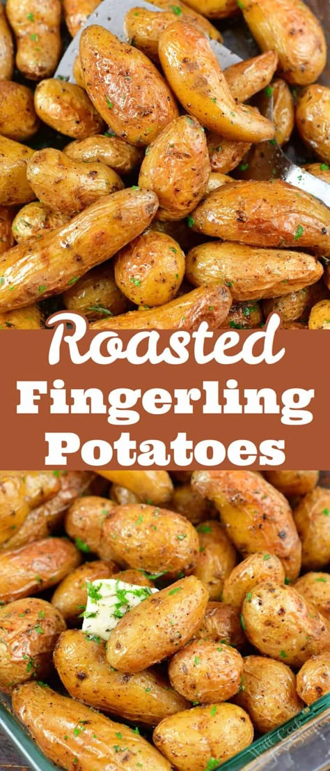 These buttery Roasted Fingerling Potatoes are absolutely irresistible! They are roasted whole and come out beautifully tender, they are creamy on the inside and flavorful and crispy on the outside. The seasoning is also simply but perfectly complimenting the flavor of the potatoes. Roasted Fingerling Potatoes Oven, Fingerling Potato Recipe, Fingerling Potatoes Recipes, Roasted Fingerling Potatoes, Perfect Mashed Potatoes, Dinner Favorites, Potatoes In Oven, Potato Recipes Side Dishes, Pork Cutlets