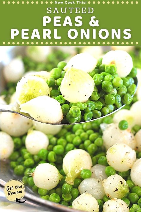 Sautéed Peas and Pearl Onions are a super quick, easy and delicious vegetable side dish that you can serve with a weeknight dinner, a holiday dinner, or for any occasion. Using frozen peas and pearl onions along with some butter, salt and pepper keeps it simple, fast and flavorful. And it goes with just about anything! Get the recipe and try it! Pearl Onion Recipes Side Dishes, Peas And Onions Side Dish, How To Cook Pearl Onions, Crockpot Peas, Easter Peas, Pea Side Dish Recipes, Fresh English Peas Recipe, Frozen Peas Recipe Side Dishes, Pea Recipes Side Dishes