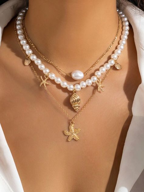 3pcs Vintage Bohemian Style Metal Conch & Starfish Pendant Tassel Necklace Set, Faux Pearl Beaded Necklace, Women Daily Wear And Beach Vacation Decor Jewelry SetI discovered amazing products on SHEIN.com, come check them out! قلادات متدلية, Beachy Jewelry, Pearl Necklace Set, Starfish Pendant, Star Pendant Necklace, Mermaid Necklace, Faux Pearl Necklace, Collar Jewelry, Shell Pendant