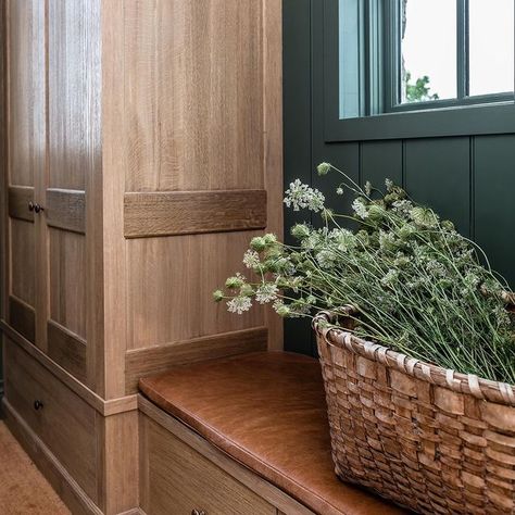 Angela Wheeler (@buildingwalnutfarm) • Instagram photos and videos Entryway Table Styling, Oak Bench Seat, White Oak Bench, Deacons Bench, Leather Bench Seat, Entryway Tile, Mudroom Cabinets, Mudroom Decor, Bench With Drawers