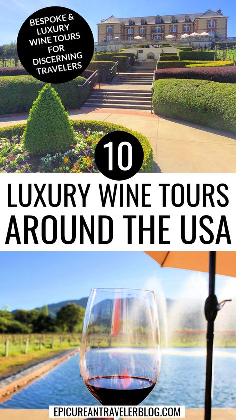 10 Luxury wine tours around the USA with images of Domaine Carneros winery and a glass of red wine at Alpha Omega Winery in Napa Valley, California, USA Luxurious Travel, Wine Experience, Usa Destinations, Wine Tourism, Trip Destinations, Drinking Around The World, Hills And Valleys, Us Road Trip, Vacation Inspiration