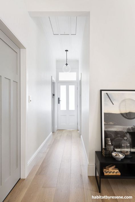 The Block NZ’s Peter Wolfkamp creates a striking monochrome palette inside his Devonport cottage with Resene Half Merino | Habitat by Resene | The Block NZ’s Peter Wolfkamp creates a striking monochrome palette inside his Devonport cottage with Resene Half Merino Pebble Shore Dulux Paint Hallway, Dulux White Exchange Half, Monochrome Office, Resene Colour Palette, Resene Interior Paint Colours 2020, Resene White Pointer, Resene Interior Paint Colours, Resene White, Neutral Gray Paint