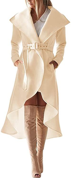 Amazon.com: SAUKOLE Women's Winter Wool Trench Coat Wrap Large Collar High Low Jacket Outwear with Belt Beige : Clothing, Shoes & Jewelry High Low Coat, Winter Mode Outfits, Winter Overcoat, Womens Winter Fashion Outfits, Wool Trench Coat, Winter Outfit Inspiration, Wool Peacoat, Outwear Jackets, Belted Coat