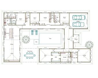 418m2 4503 Sq Foot 5 Bedflat 4 Plus Study Home Design 5 - Etsy Australia U Shaped House Plans, U Shaped Houses, Cute Small Houses, Courtyard Home, Dome Homes, Homestead House, Courtyard House Plans, Floor Plan Drawing, Plan Drawing