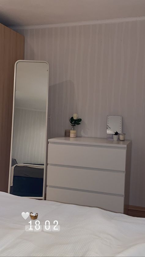 All White Room Inspo Ikea Mirror Ikea Malm Dresser Aesthetic, Mirror Ikea, Ikea Malm Dresser, All White Room, Malm Dresser, Ikea Mirror, Ikea Dresser, Ikea Bedroom, Ikea Malm