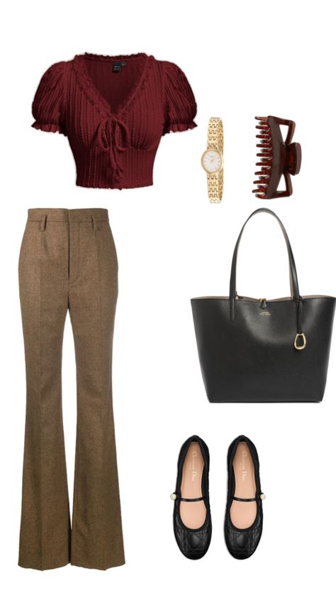 Matron top, Brown pants, khaki pants, maroon outfit, brown flare pants, brown pants, office outfits,ballerina flats, flare pant outfits, minimalist outfit, gold watch, black handbag, Christian Dior flats, maroon v neck tops, maroon blouse, maroon crop top, blood red crop top, blood red outfit, aesthetic outfit, blood red top, blood red blouse, red top, re blouse, red crop top, cherry red top, cherry red blouse, cherry red outfit, Christmas outfit, elegant outfit, classy outfit, old money outfit Maroon Outfit Aesthetic, Modest Outfit Aesthetic, Maroon Top Outfit, Casual College Outfit, Modest Outfits Aesthetic, Brown Wide Leg Pants, Maroon Outfit, Outfit Modest, Maroon Pants