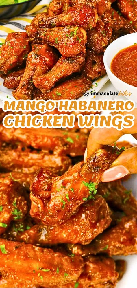 Easy Spicy Mango Habanero Chicken Wings, where sweet meets spicy in a crispy, sticky delight! Perfect for any gathering, these wings are baked to perfection and coated in a luscious mango habanero sauce that will have everyone coming back for more. Whether it’s a big party, a casual hangout, or a fun family dinner, these wings are the ultimate crowd-pleaser! Enjoy the burst of flavors with every bite! Habanero Wing Sauce Recipe, Wing Stop Mango Habanero Sauce, Mango Wings Sauce Recipes, Mango Habanero Sauce Recipe, Mango Habanero Sauce Wings, Mango Habanero Recipes, Mango Habanero Wing Sauce, Mango Wings, Baking Powder Chicken Wings