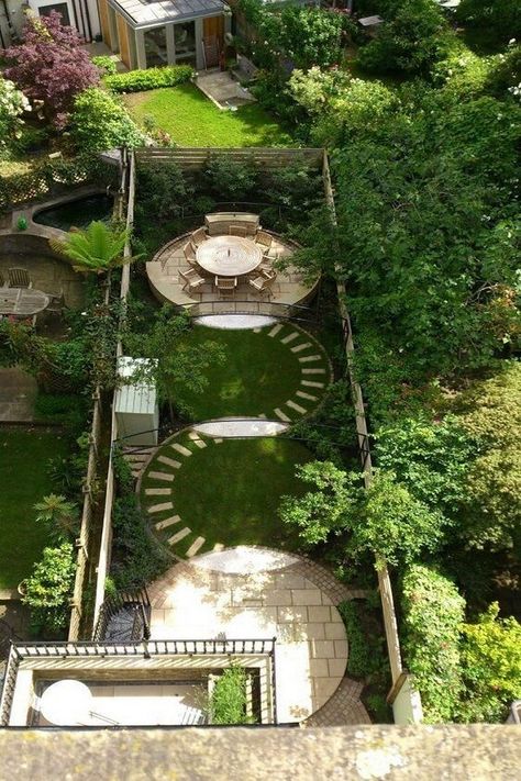 Un jardin en longueur rythmé par la rondeur de ses compositions Garden Design Circles, Victorian Terrace Cottage, Townhouse Garden Design, Circular Lawn Garden Design, Garden Circles Design, Circle Garden Design, Victorian Landscaping, Victorian Backyard, Victorian Terrace Garden