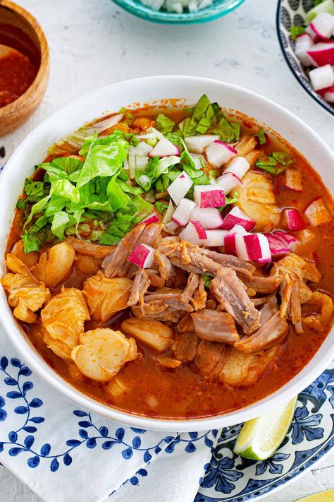 Authentic Pozole, How To Make Pozole, Pozole Rojo Recipe, Posole Recipe, Chicken Soup Recipes Homemade, Dried Red Chili Peppers, Pozole Recipe, Traditional Mexican Dishes, Traditional Mexican Food