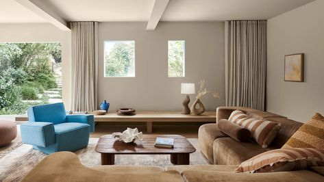 Dulux Reveals The Trending Colours Of 2024 Dulux Just Walnut Living Rooms, Popular Neutral Paint Colors, Taupe Living Room, Walnut Living Room, Dulux Paint Colours, Ceiling Trim, Japandi Interiors, Pink Glass Vase, Dulux Paint