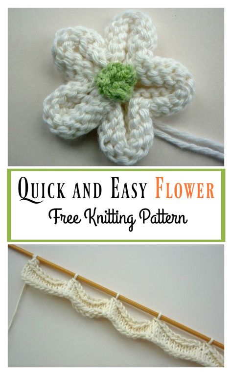 Quick and Easy Flower Free Knitting Pattern #freepattern #knitting #Flower Knitted Flowers Free, Appliques Au Crochet, Knitted Flower Pattern, Knitting Pattern Easy, Baby Hat Knitting Pattern, Easy Knitting Projects, Beginner Knitting Patterns, Easy Knit, Baby Knitting Patterns Free