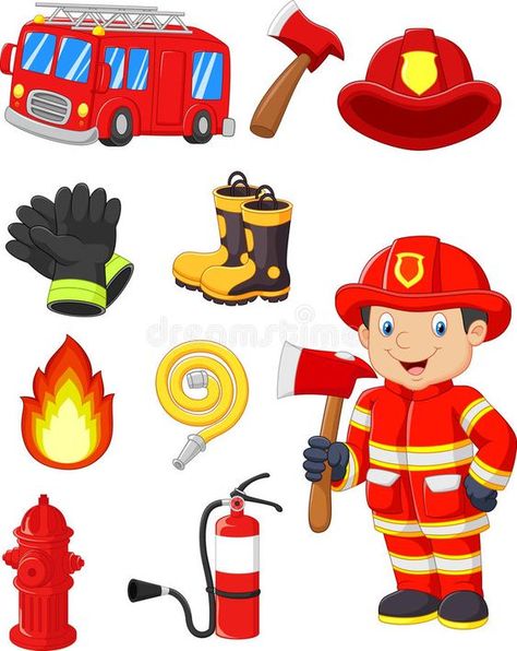 Firefighter Illustration, Firefighter Clipart, Firefighter Tools, 1st Birthday Cakes, Fire Equipment, Birthday Cakes, Firefighter, 1st Birthday, Stock Vector