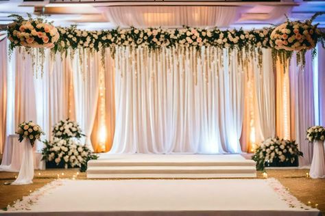 a wedding stage with white drapes and flowers. AI-Generated Wedding Stage Background, Iphone Wallpaper Texture, Wallpaper Texture, Stage Background, White Drapes, Wedding Stage Decorations, Wedding People, Tree Saw, Heart Tree