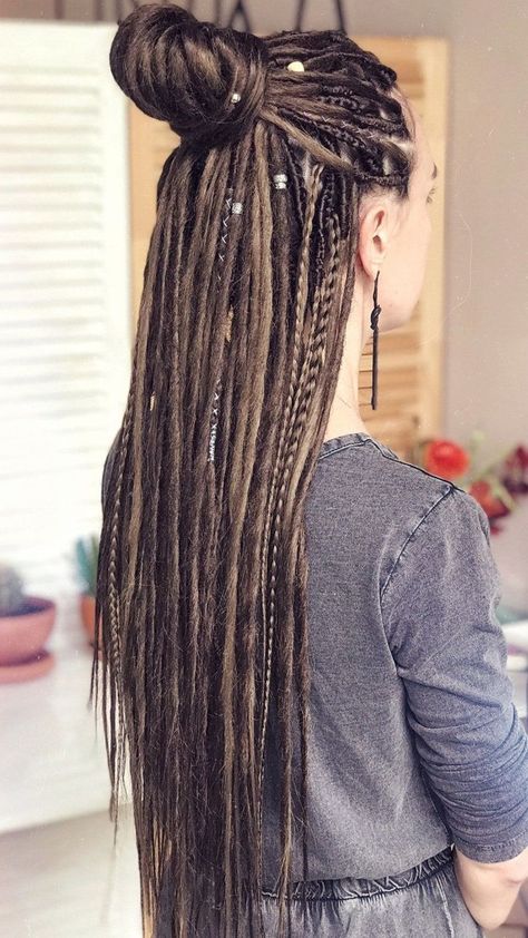 Dreadlocks And Braids, Dreads Vs Locs, Braids And Dreads Mixed, Braided Dreads For Women, Partial Dreads Placement, Long Dreads Styles For Women, Small Dreadlocks, Dreadlock Braids, Synthetic Dreads Hairstyles