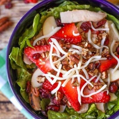 Strawberry Harvest Salad {Zupa's Copycat Recipe} | Lil' Luna Strawberry Harvest Salad, Strawberry Vinaigrette Dressing, Strawberry Harvest, Strawberry Chicken, Strawberry Vinaigrette, Dressing Salad, Lil Luna, Harvest Salad, Sliced Pears