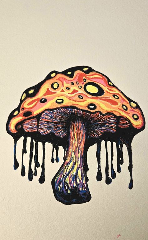 Black ink, Gelly Roll Moonlight gel pens, Arteza 110lb paper for mixed media Trippy Drawings Mushrooms, Dripping Mushroom Drawing, Melting Mushroom Drawing, Trippy Mushroom Drawing, Ink Mushroom, Illustrated Mushrooms, Halloween Mushrooms, Gel Pen Art, Trippy Designs