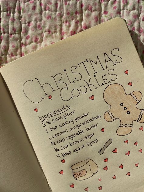 Christmas Aesthetic Journal, Cooking Journal Aesthetic, Baking Journal Aesthetic, Aesthetic Cookie Recipes Notes, Aesthetic Baking Recipes Written, Journal Page Ideas Coquette, Homemade Recipe Books, Pink Notebook, Pretty Journals