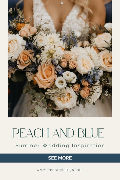 Peach + Blue Wedding Flowers | NJ Summer Weddings | Dreamy peach + blue wedding florals were a perfect summer combo, feeling fresh and romantic for a warm July day at Crossed Keys Estate. The palette also worked effortlessly with the couple’s fairytale-meets-rustic details + décor. See more on the blog: www.crossedkeys.com/blog | Photography: Tori Kelner Navy Blue Wedding Scheme Colour Palettes, Weddings With Blue Color Schemes, Wedding Aesthetic Summer, Bermuda Blue Wedding Colors, Navy Summer Wedding Color Schemes, Blue And Apricot Wedding, Blue Spring Wedding Colors, Navy Blue And Peach Wedding Theme, Beach Wedding Theme Ideas Color Palettes