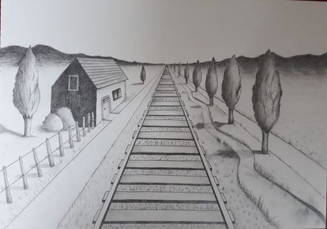 #pencil_shading #railway #point_perspective #trees #hut #fences #mountains Railway Perspective Drawing, 1 Point Perspective Drawing Landscape, One Point Perspective Painting, Perspective Drawing Landscape, One Point Perspective Drawing Landscapes, Perspective Landscape Drawing, One Point Perspective Art, Object Perspective, Perspective Building Drawing