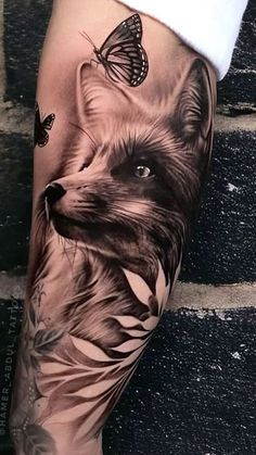 Fox Owl Tattoo, Fox Eyes Tattoo, Woodland Scene Tattoo, Gothic Fox Tattoo, Black Squirrel Tattoo, Fox Tattoo Realistic, Symmetrical Tattoos, Small Fox Tattoo, Forest Tattoo Sleeve