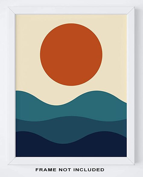 Amazon.com: Abstract Geometric Sunrise And Sunset Sea Ocean Waves Wall Art Print - 11x14" UNFRAMED Print - Modern, Minimal Ocean And Sun Wall Decor - Scandinavian, Nordic, Mid Century Modern Decor: Handmade Modern Sunset Art, Minimal Geometric Art, Minimalist Ocean Painting, Ocean Waves Drawing Simple, Easy Modern Art Paintings, Modern Painting Ideas, Cool Paintings Ideas, Diy Art Work, Ocean Wave Wall Art