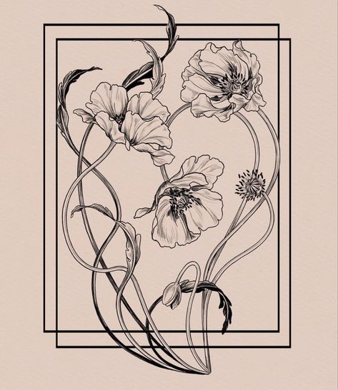 Art Nouveau Tattoo Design, Fleurs Art Nouveau, Illusion Tattoos, Optical Illusion Tattoos, Art Nouveau Tattoo, Motifs Art Nouveau, Line Tattoo Ideas, Nouveau Tattoo, Poppies Tattoo