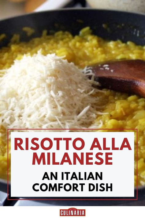 A close-up of creamy yellow saffron risotto topped with a mound of grated Parmesan cheese and a wooden spoon resting in the pan. Italian Risotto, Milanese Recipe, Risotto Alla Milanese, Lidia Bastianich, Arborio Rice, Italian Recipe, Risotto Recipes, Comfort Dishes, Beef Stock