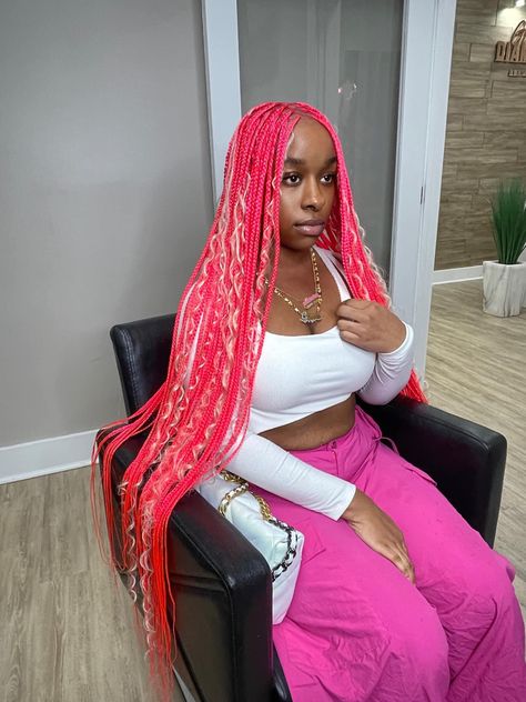 Pink Bohemian Braids, Knotless Box Braids Pink, Pink Knotless Box Braids, Pink Knotless Braids, Pink Knotless, Pink Box Braids, Pink Hairstyles, Black Hair Afro, Braids Boxbraids