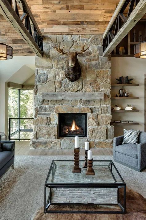 Modern European Home, Rustic Stone Fireplace, Mountain Modern Home, Reclaimed Wood Paneling, Cabin Fireplace, Modern Lodge, Custom Tile Shower, Iron Staircase, European Home