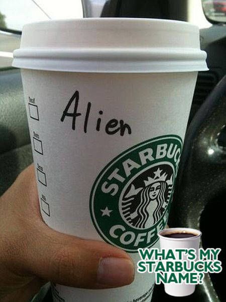 My Starbucks name is "Alien." Find yours at WhatsMyStarbucksName.com Funny Mistakes, Tea Quotes Funny, Starbucks Name, Starbucks Coffee Cups, Modern Restaurant Design, Coffee Quotes Funny, Youre Doing It Wrong, Funny Pix, Funny Names