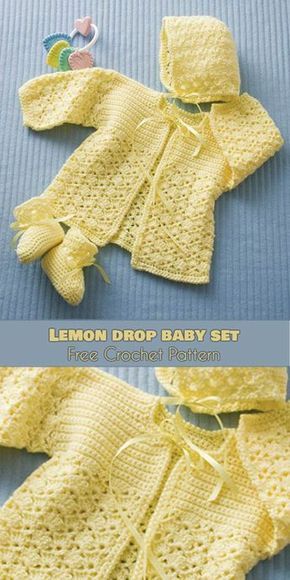 Lemon Drop Baby Set [Free Crochet Pattern] Cardigan Til Baby, Crochet Baby Sweater Sets, Lidia Crochet Tricot, Crochet Baby Sweater Pattern, Crochet Baby Jacket, Lemon Drops, Drops Baby, Crochet Baby Sweaters, Crochet Baby Sweater