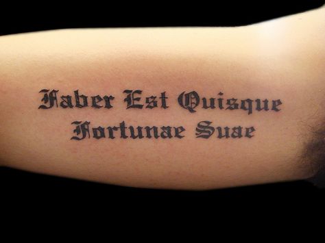 Latin text tattoo lettering by Miguel Angel tattoo, via Flickr means, "everyman is the craftsman of his own fortune." Latin Phrase Tattoos, Tattoo Writing Fonts, Latin Tattoo, Tattoo Writing, Latin Text, Phrase Tattoos, Script Tattoo, Circle Tattoos, Latin Phrases