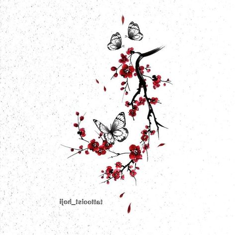 Red And Black Half Sleeve Tattoo, Red Sakura Tattoo, Cherry Blossom Tattoo Shoulder, Simple Unique Tattoos, Red Flower Tattoos, Cherry Blossom Tree Tattoo, Warrior Tattoo Sleeve, Blossom Tree Tattoo, Japan Tattoo Design