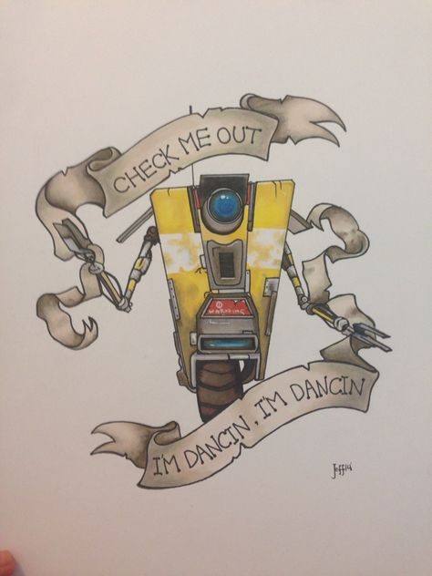 Borderlands tattoo design, claptrap! by Jeffica Avery  Prints and commissions available from http://jefficaalicearts.bigcartel.com Borderlands Tattoo, Games Tattoo, Monkey Tattoo, Video Game Tattoos, Borderlands 1, Borderlands Art, Gamer Tattoos, Video Game Tattoo, Tiny Tina