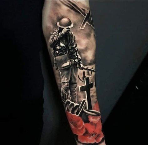 Poppy Tattoo Men, Ww2 Tattoo, Lest We Forget Tattoo, Tattoos Cross, Marine Tattoo, Soldier Tattoo, Army Tattoos, Remembrance Tattoos, Military Tattoos