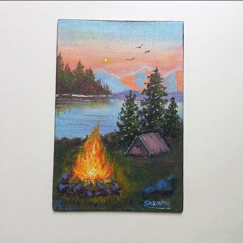 Camping Painting Easy, Camping Paintings, Camping Painting, Anime Canvas Painting, 3d Art Drawing, Small Canvas Paintings, Flower Painting Canvas, Cute Canvas Paintings, Abstract Art Painting Diy