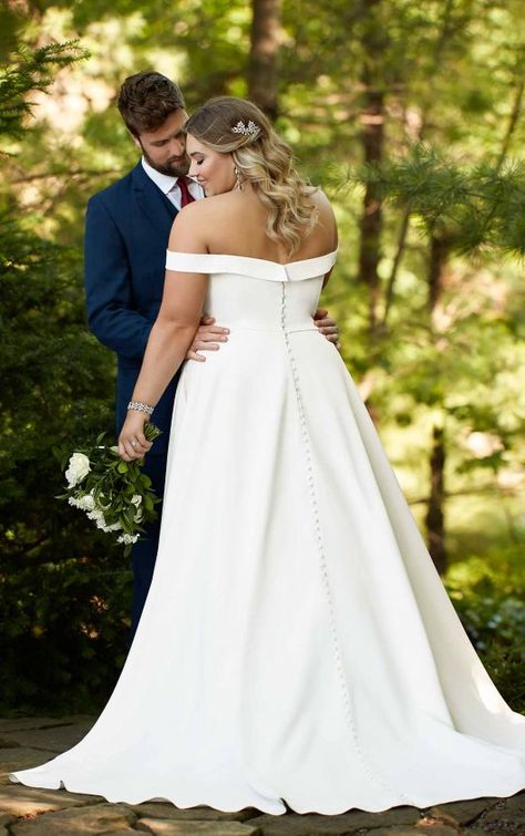 Classic Satin Plus Size Ballgown with Pockets & Off-the-Shoulder Sleeves - Plus Size Ballgown, Satin Wedding Gown, Plus Size Bride, Essense Of Australia, Wedding Dress With Pockets, Curvy Bride, Australia Wedding, Wedding Dress Pictures, Brides Wedding Dress