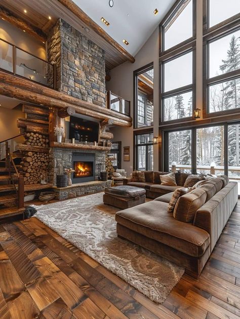 Big Cabin Living Room, Mountain Fireplace Ideas, Interior Log Cabin Ideas, Barndominium Fireplace, Modern Log Cabin Interior, Cabin Living Room Ideas, Big Windows Living Room, Lodge Living Room, Living Room Designs Cozy