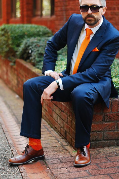 Blue Reiss Suit, Orange Tie and Matching Pocket Square | Silver Londoner - Over 40 Menswear Black Suit Orange Tie, Colorful Cocktail Attire, Men Color Palette, Wedding Attire Guide, Men Work Outfits, Modern Tuxedo, Men Essentials, Groom Suit Grey, Fashion Outfits For Men