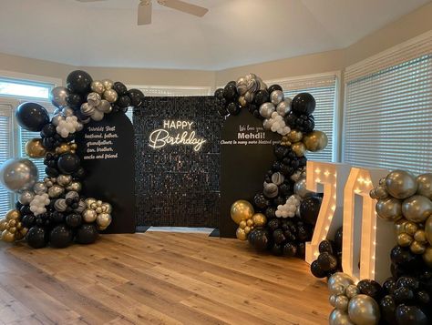 Mens Surprise Birthday Party Ideas, Black And White Party For Men, Black And Gold 70th Birthday Party, Black And White 70th Birthday Party, Formal 70th Birthday Party Ideas, Dad's 70th Birthday Party Ideas, Man 70th Birthday Party Ideas, 70th Birthday Decorations For Dad, Mens Birthday Decor