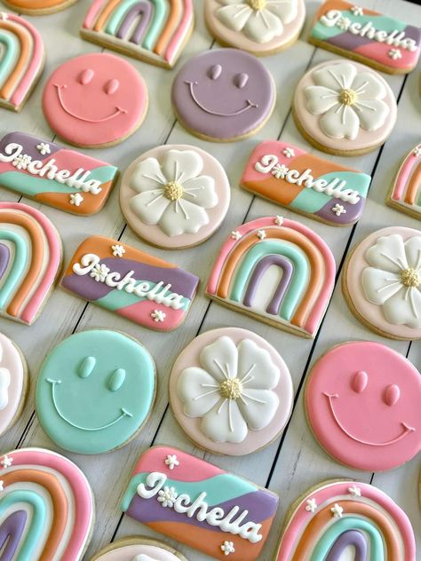 Preppy Birthday Party Cookies, Good Vibes Cookies, Smiley Face Birthday Cookies, 11 Is A Vibe Birthday, 5 Is A Vibe Cookies, Birthday Biscuits Ideas, Pastel Birthday Cookies, Preppy Birthday Cookies, 10 Birthday Cookies