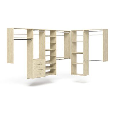 Looking for a storage solution designed just for you? We’ve got your back. This L-shaped closet kit was made to be your easy-to-install, walk-in dream! The two-kit combination includes double-hanging for your best button-ups, jackets, pants, and more. Shelving is included to hold sweaters, denim, and miscellaneous belongings. Plus, with a shoe fence, you have easy access to footwear. And for some hidden storage, this kit has three drawers. Made from engineered wood this set has a scratch-resista Organiser Son Dressing, Wood Closet Systems, Corner Closet, Wood Closet, Closet Kits, Closet Renovation, Button Ups, Closet Organizing Systems, Closet System